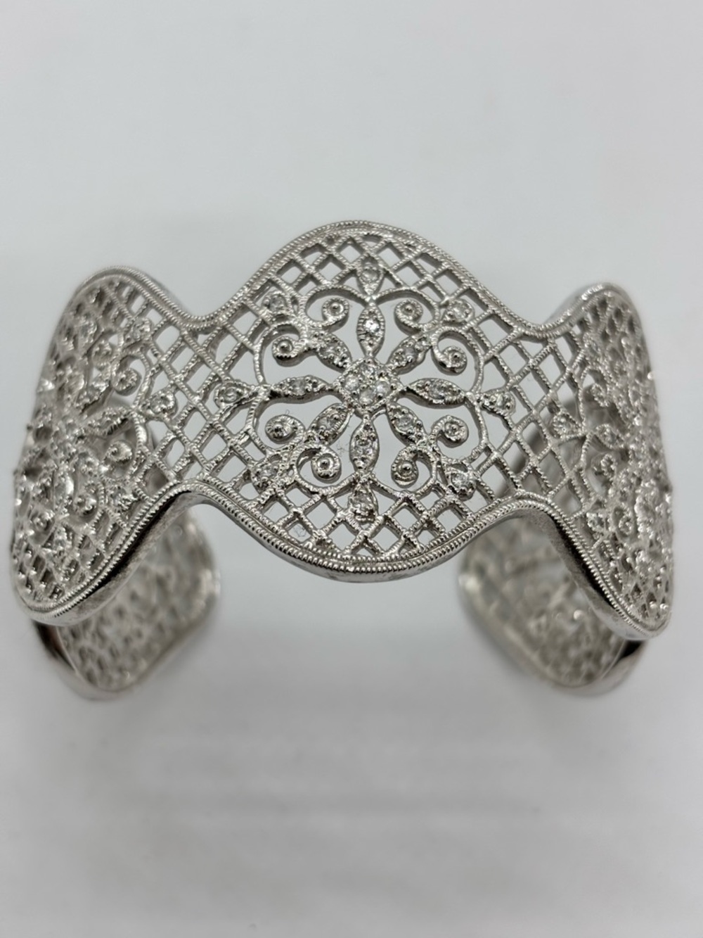 Silver Filigree Open Cuff Bracelet - Elegant Floral Design